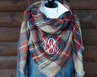 Monogrammed Tartan Plaid Blanket Scarf - Soft Acrylic fabric