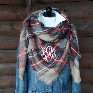 Monogrammed Tartan Plaid Blanket Scarf - Soft Acrylic fabric