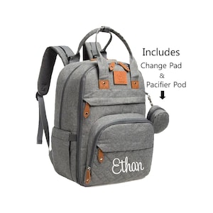 Gray Quilted Backpack Diaper Bag, Personalized Diaper Bag with Pacifier Holder Pod and Changing Pad, Sprinkle Gift, New Baby Gift