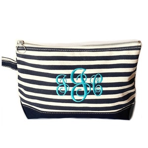 Monogrammed Cosmetic Bag, Striped Makeup Bag with Embroidered Monogram, Navy Stripe Makeup Bag