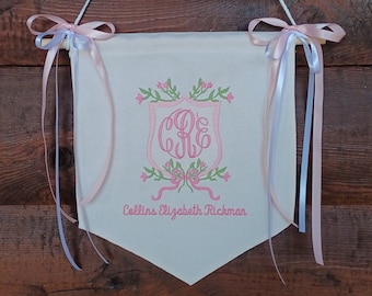 Floral Crest Baby Banner with Embroidered Monogram, Personalized Baby Hospital Door Hanger, Welcome New Baby Door Hanger With Flowers
