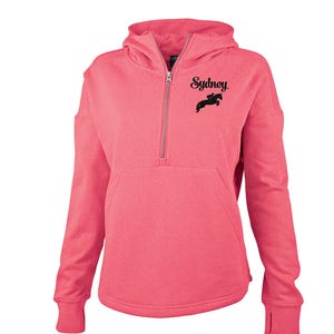 Personalized Ladies Horse Half Zip Hoodie Sweatshirt, Equestrian Sweatshirt with Thumb Holes and Embroidered Horse Image, Equestrian Chic