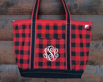 Buffalo Plaid Tote Bag, Monogram Tote Bag,  Christmas Tote Bag, Holiday Tote Bag, Red and Black Plaid Tote Bag Personalized