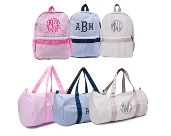 2 Bag Set-  Seersucker Duffel Bag and Backpack Personalized For Kids, Monogrammed Child Duffel Bag & Backpack Set  - navy, pink, gray