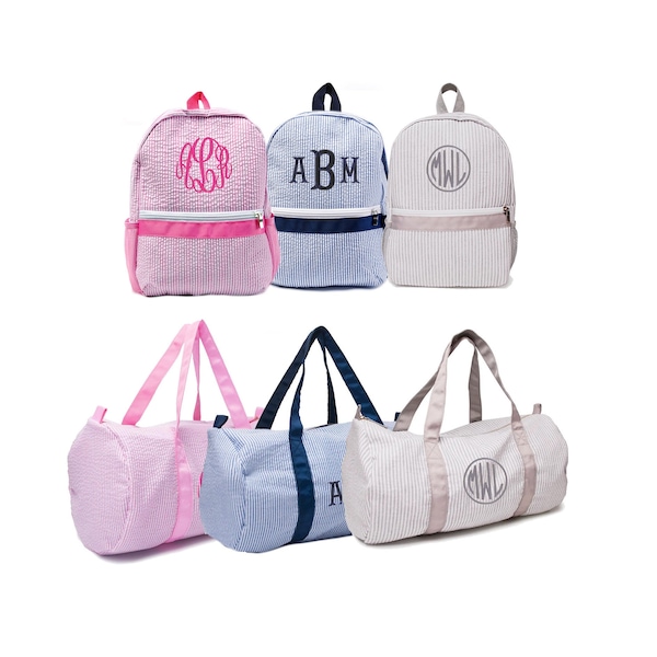 2 Bag Set-  Seersucker Duffel Bag and Backpack Personalized For Kids, Monogrammed Child Duffel Bag & Backpack Set  - navy, pink, gray