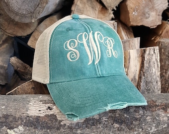 Personalized Embroidered Trucker Hat, Distressed Monogram Baseball Cap