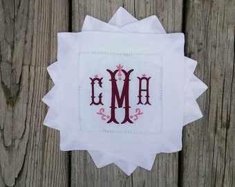 Embroidered Cocktail Napkin with Monogram, Linen Cocktail Napkin