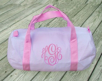 Seersucker Duffel Bag, Monogram Duffel Bag, Pink Seersucker Duffel, Navy Seersucker Barrel Bag, Gray Seersucker Duffel Bag, New Baby Gift