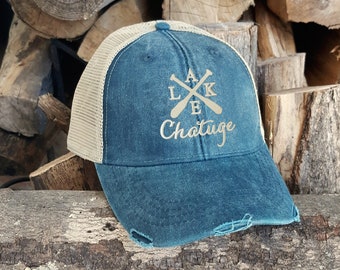 Custom Embroidered Lake Name Hat: Distressed Trucker Style