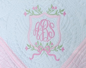 Pink Heirloom Style Baby Quilt with Embroidered Monogram Crest, Baby Blanket for Girl, Monogrammed Baby Quilt with Floral Crest for Girl