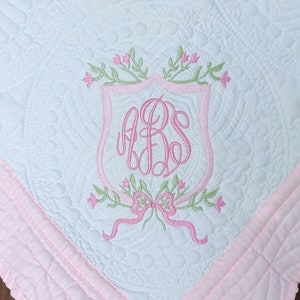 Pink Heirloom Style Baby Quilt with Embroidered Monogram Crest, Baby Blanket for Girl, Monogrammed Baby Quilt with Floral Crest for Girl