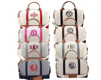 Personalized Duffel Weekender Bag, Canvas Duffel Weekender Bag with Leather Handles, Monogrammed Canvas Luggage,  Large Duffel Travel Bag