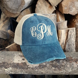 Embroidered Monogram Trucker Hat: Distressed Baseball Cap