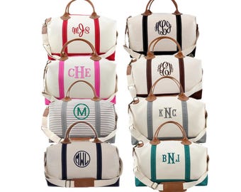 Personalized Canvas Weekender Bag: Large Travel Duffle with Embroidered Monogram, Leather Handle Accents