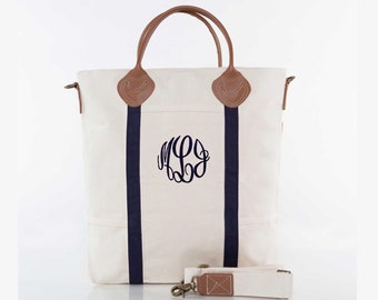 Flight Bag with embroidered name or monogram, Personalized Canvas Tote bag with leather top handles and monogram