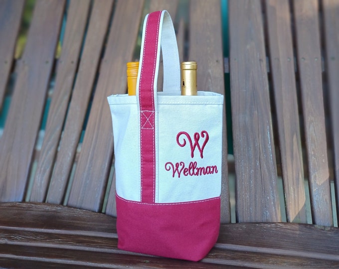 Canvas Wine Tote Bag Personalized - Wine Gift with embroidered name, 2 Bottle Wine Carrier