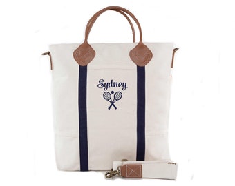 Tennis Travel Bag Personalized: Canvas Tote with Leather Handles Embroidered Tennis Logo