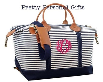 Monogram Weekender Bag, Overnight Bag, Travel Bag, Monogram Travel Bag,  Monogram Duffel, Striped Weekender Bag with Leather Handles