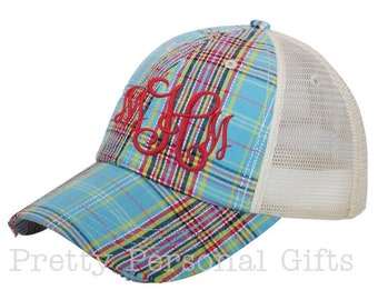 Plaid Trucker hat with Embroidered Monogram - distressed baseball hat 3 colors - On Sale - Close Out Pricing