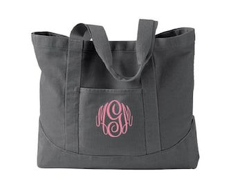 Monogrammed Tote Bag,  Personalized Canvas Tote Bag with Embroidered Monogram, 5 Bag Colors