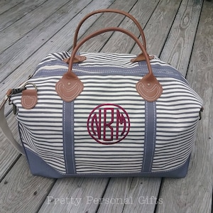 Personalized Striped Canvas Weekender Bag: Embroidered Monogram Duffel
