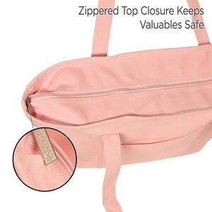 May include: A light pink tote bag featuring a zippered top closure and two shoulder straps. The text "Zippered Top Closure Keeps Valuables Safe" is printed above the bag. A circular inset shows a close-up of the silver metal zipper pull.