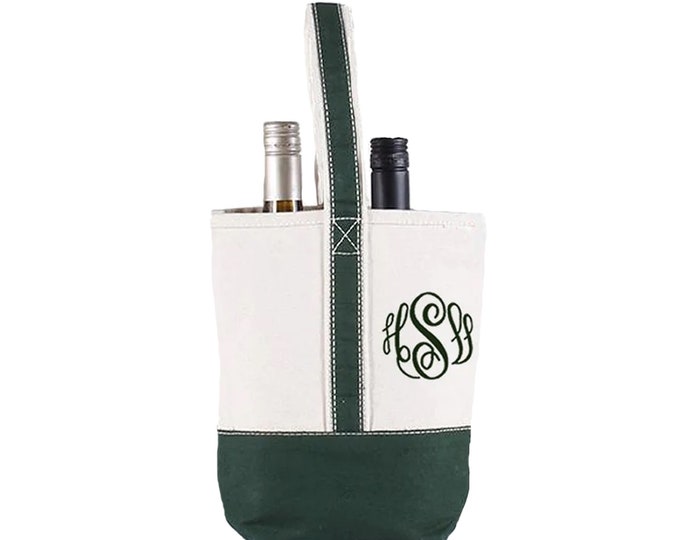 Canvas Wine Tote Bag -  Monogram or Personalized - Wine Gift with embroidered Monogram, 2 Bottle Wine Carrier