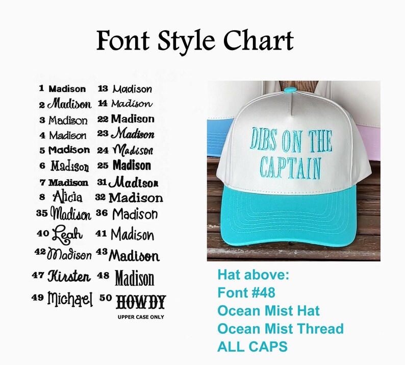 K&ouml;nnte beinhalten: Eine wei&szlig;-t&uuml;rkisfarbene Baseballkappe mit dem Text "DIBS ON THE CAPTAIN" auf der Vorderseite. Das Bild enth&auml;lt auch eine Schriftartentabelle mit verschiedenen Schriftbeispielen.