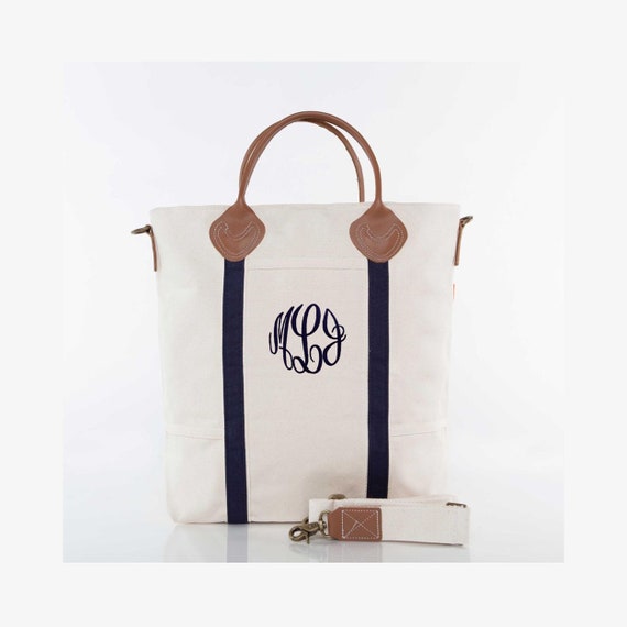 Webbing and leather-trimmed embroidered canvas tote