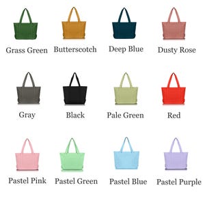 May include: A collection of twelve tote bags arranged in three rows, each featuring two top handles. The colors include grass green, butterscotch, deep blue, dusty rose, gray, black, pale green, red, pastel pink, pastel green, pastel blue, and pastel purple.