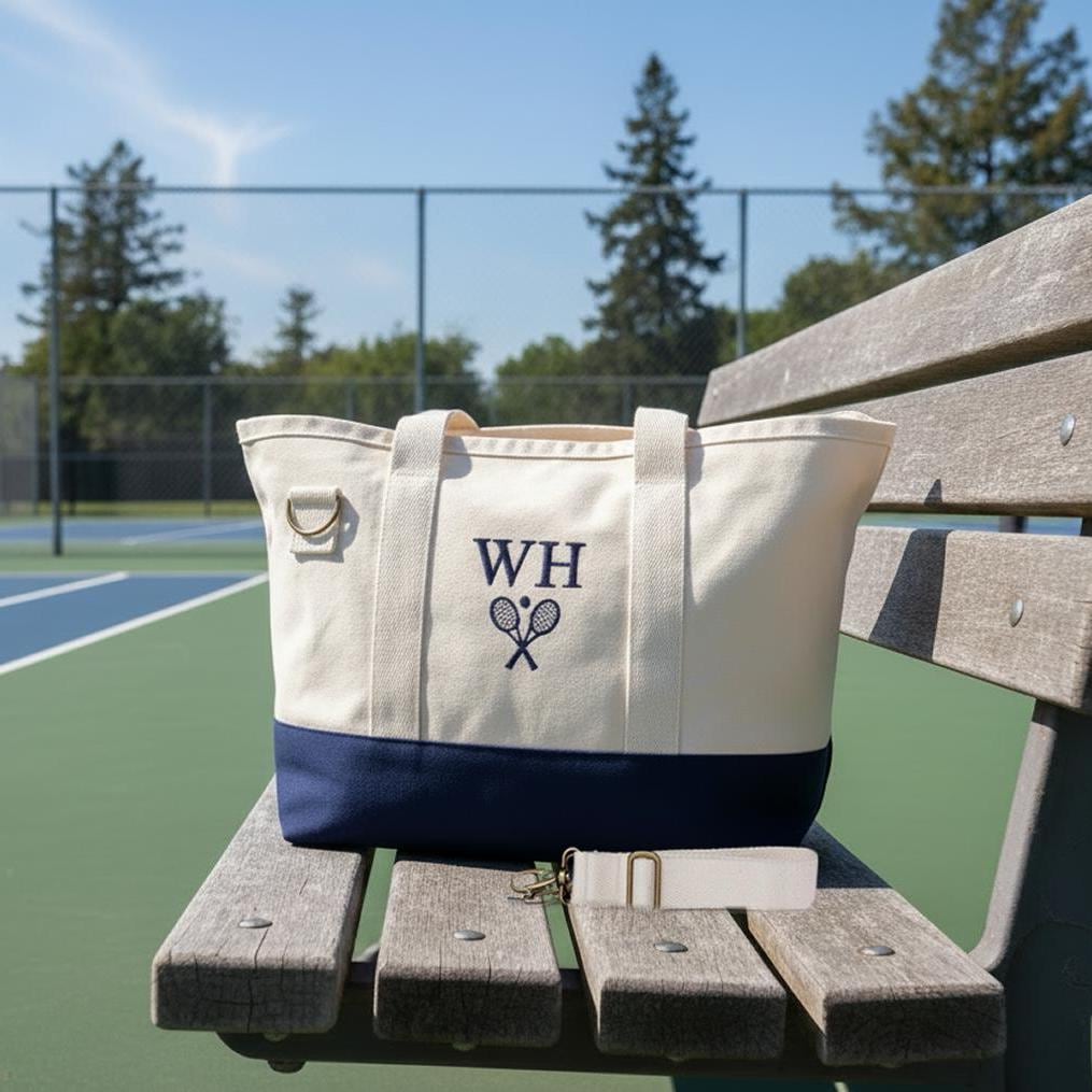 Personalized Tennis Tote Bag: Embroidered Canvas, Zipper Top