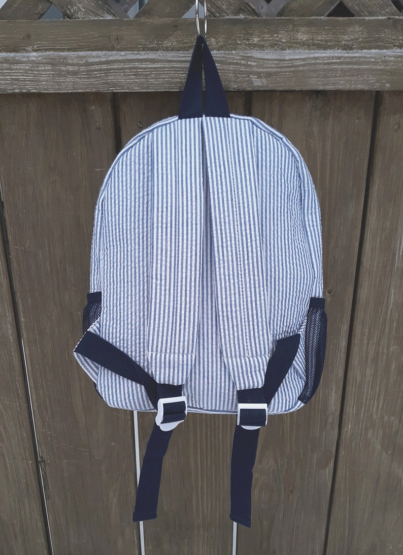 Small Seersucker Backpack, Seersucker Backpacks, child toddler backpack, monogram backpack, monogrammed backpacks, pink, navy blue, gray image 6