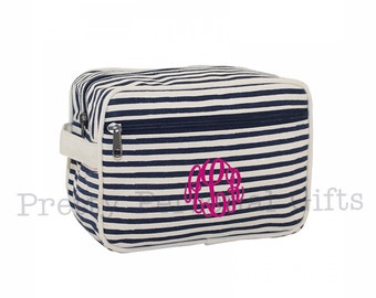 Navy Striped Canvas Toiletry Case: Personalized Monogram Dopp Kit