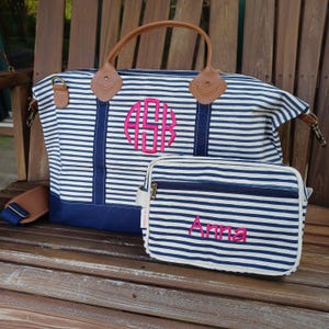 Monogrammed Striped Canvas Weekender Bag with Leather Trim & Cosmetic Bag Option
