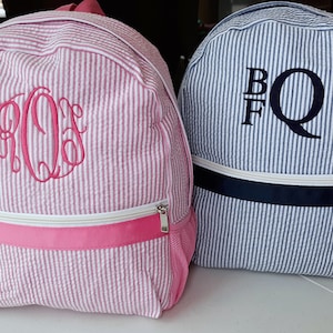 Monogrammed Seersucker Backpack: Personalized Toddler Backpack in Pink, Navy, Gray With Embroidered Name Monogram