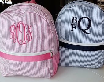 Monogrammed Seersucker Backpack: Personalized Toddler Backpack in Pink, Navy, Gray With Embroidered Name Monogram
