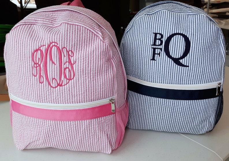 monogrammed seersucker backpacks