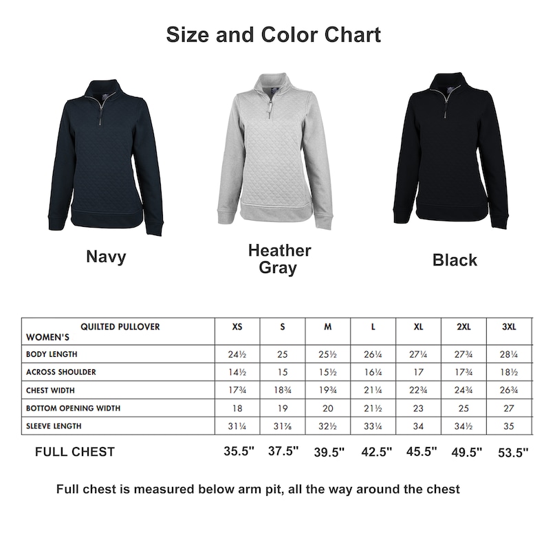 May include: Size and color chart for a quilted pullover in navy, heather gray, and black. The chart shows measurements for body length, across shoulder, chest width, bottom opening width, sleeve length, and full chest in inches.  Sizes range from XS to 3XL.
