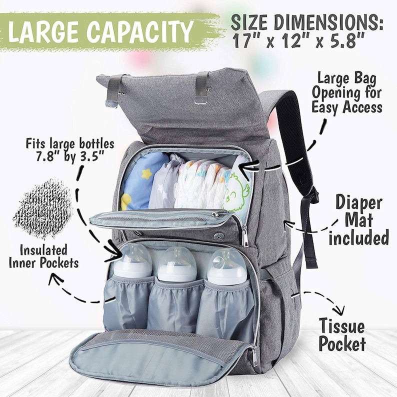 gray diaper bag backpack, diaper bag backpack with name, personalized diaper bag