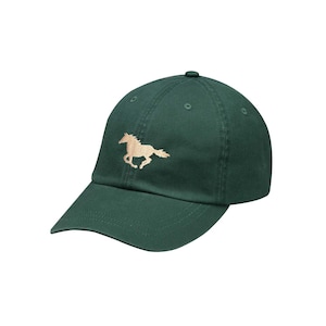May include: A dark green baseball cap with a curved brim. The cap features a gold-colored embroidered running horse on the front. The cap is made of a soft material and has a button on top.