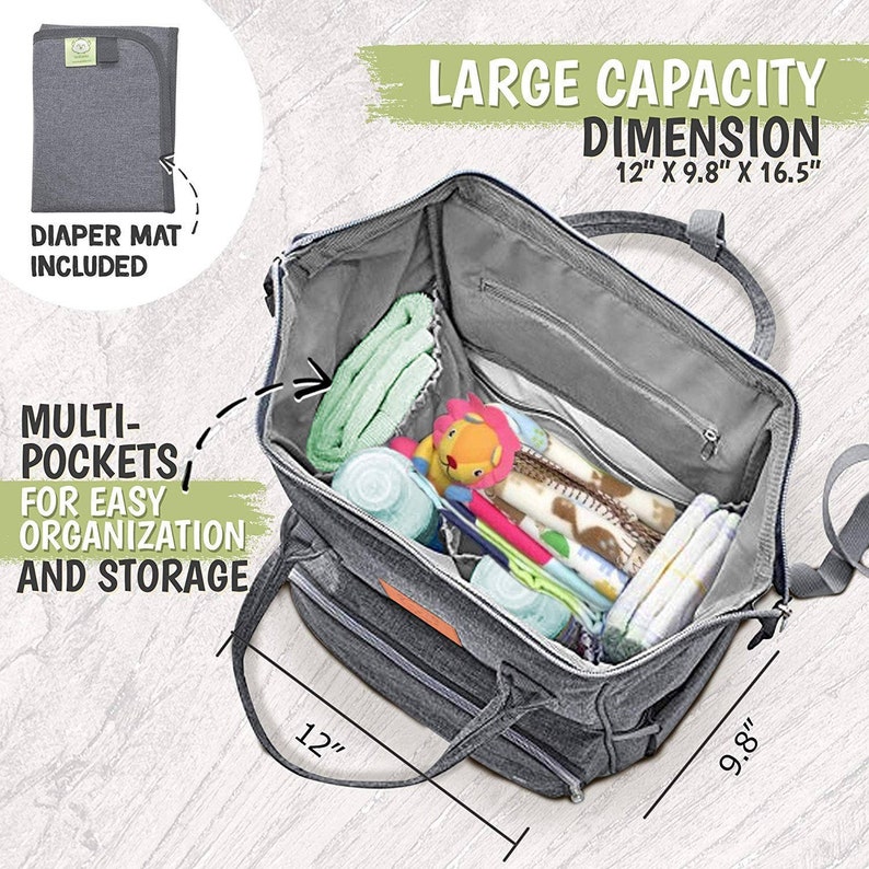 K&ouml;nnte beinhalten: Eine graue Wickeltasche mit mehreren Taschen f&uuml;r Organisation und Aufbewahrung. Die Tasche ist offen und mit Babyartikeln gef&uuml;llt, darunter eine Wickelunterlage, Feuchtt&uuml;cher, Flaschen und Spielzeug. Die Tasche misst 30,5 cm x 24,9 cm x 41,9 cm.