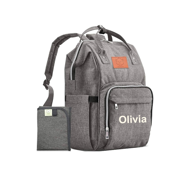 gray diaper bag backpack with name, personalized diaper bag backpack, baby diaper bag backpack