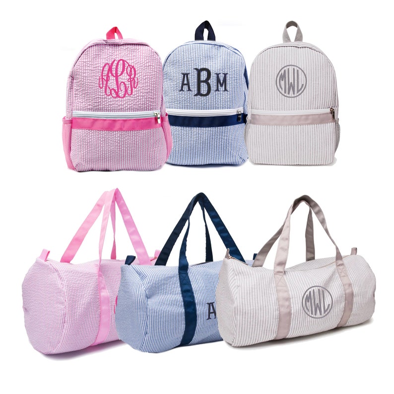 Small Seersucker Backpack, Seersucker Backpacks, child toddler backpack, monogram backpack, monogrammed backpacks, pink, navy blue, gray image 8