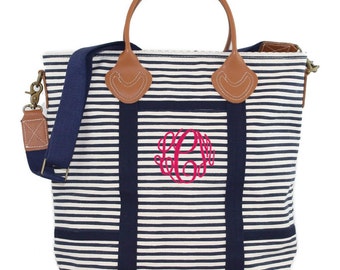 Top Handle Flight Bag With Embroidered Monogram, Navy Stripe Flight Bag with name or monogram