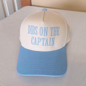 Dibs on the Captain hat in blue and natural canvas embroidered in large lettering