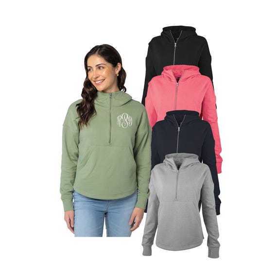 Monogrammed Half-Zip Funnel Neck Sweatshirt: Embroidered Ladies Pullover Hoodie