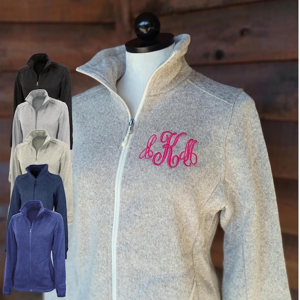 Monogrammed Fleece Sweater Jacket: Personalized Ladies Heathered Knit Full Zip