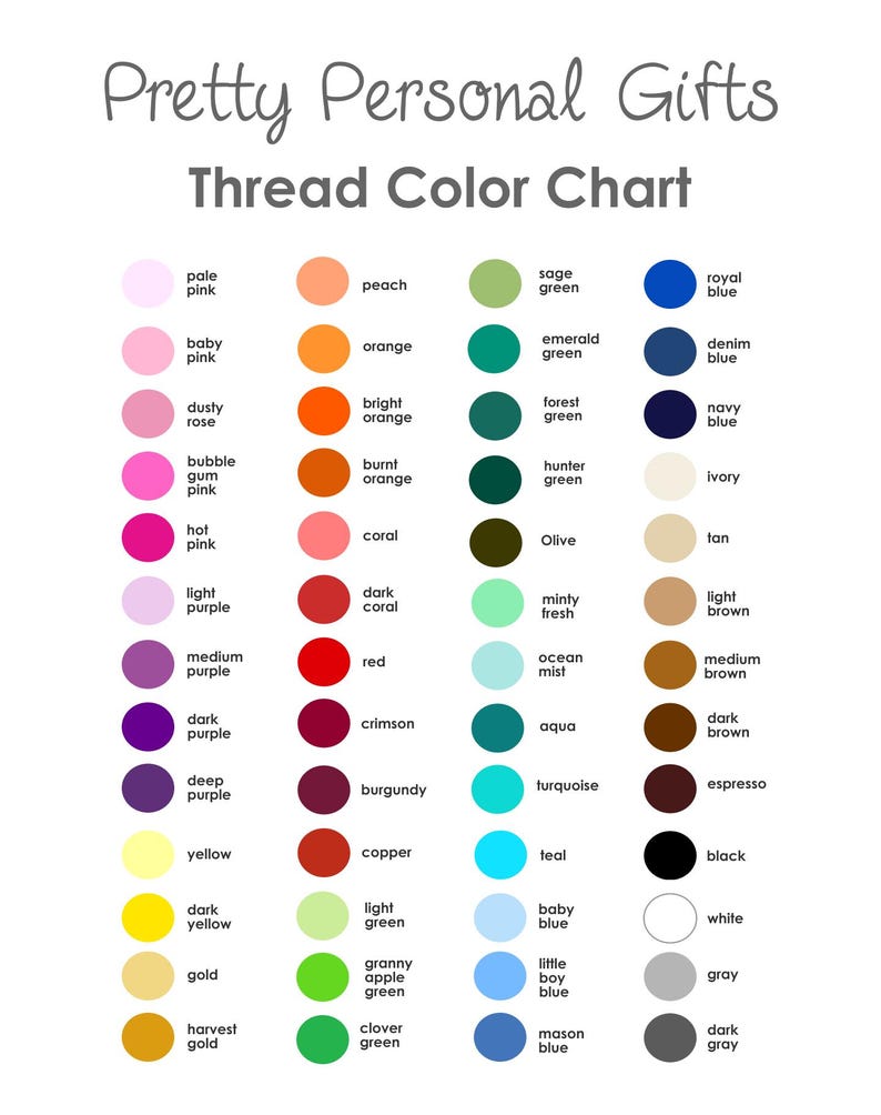 May include: A thread color chart titled Pretty Personal Gifts featuring four vertical columns of circular color swatches. Each swatch is labeled with its corresponding color name, including shades of pink, orange, green, blue, purple, and neutrals.