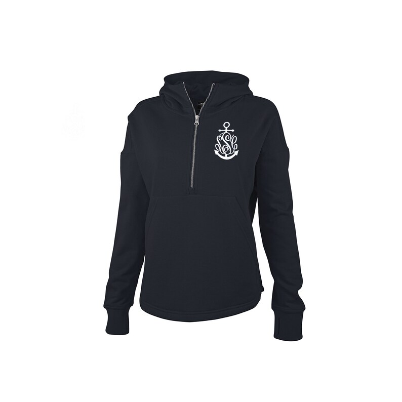 May include: Navy blue hooded sweatshirt with a quarter-zip closure and a kangaroo pocket. The sweatshirt features a white anchor design with the letters "S" and "G" intertwined. The long-sleeved top has thumb holes at the cuffs.