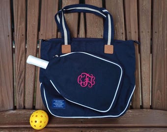 Personalized Navy Pickleball Bag: Embroidered Monogram, Leather Accents